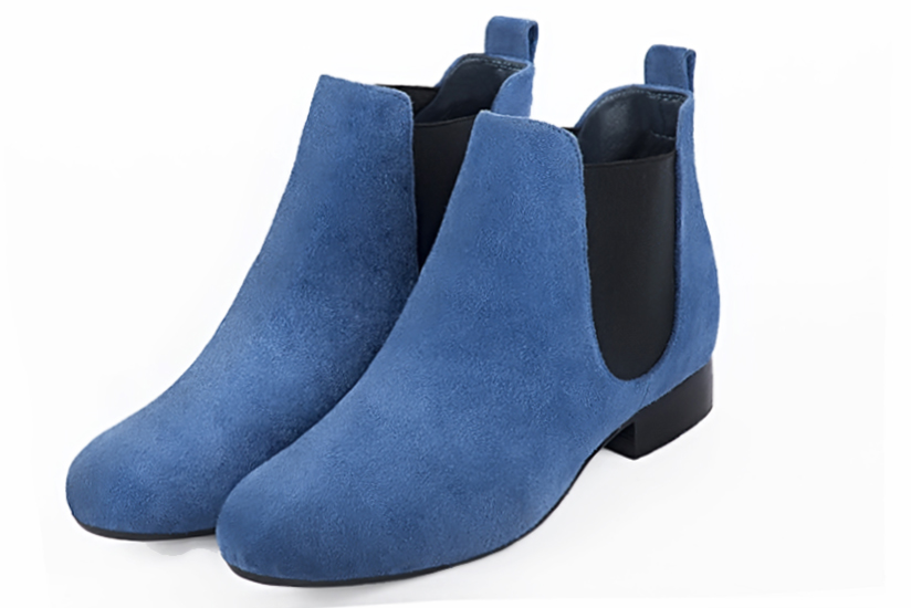 Electric blue and matt black dress booties for men. Round toe. Flat leather soles - Florence KOOIJMAN